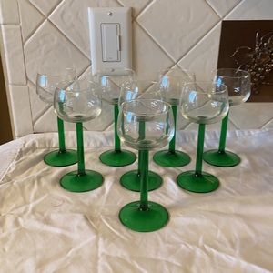 Vintage set 7 French Luminarc D'Arques Green Stem Wine Glasses
